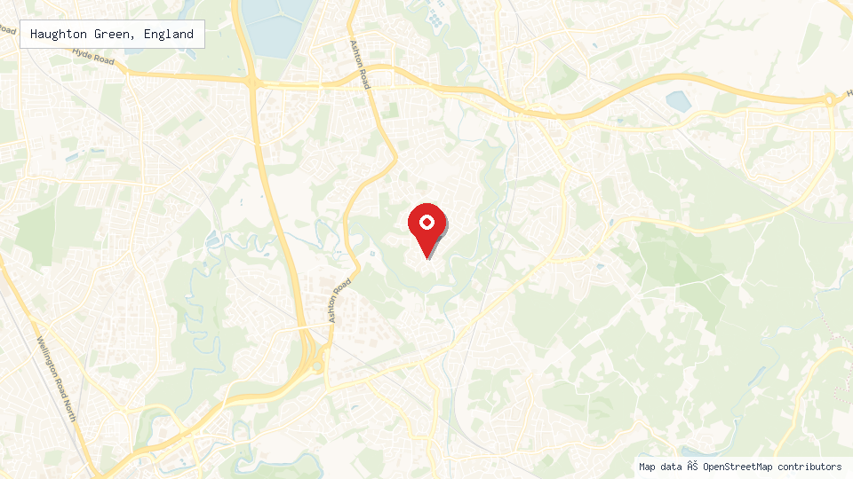 Street map of Haughton Green, England with location pin
