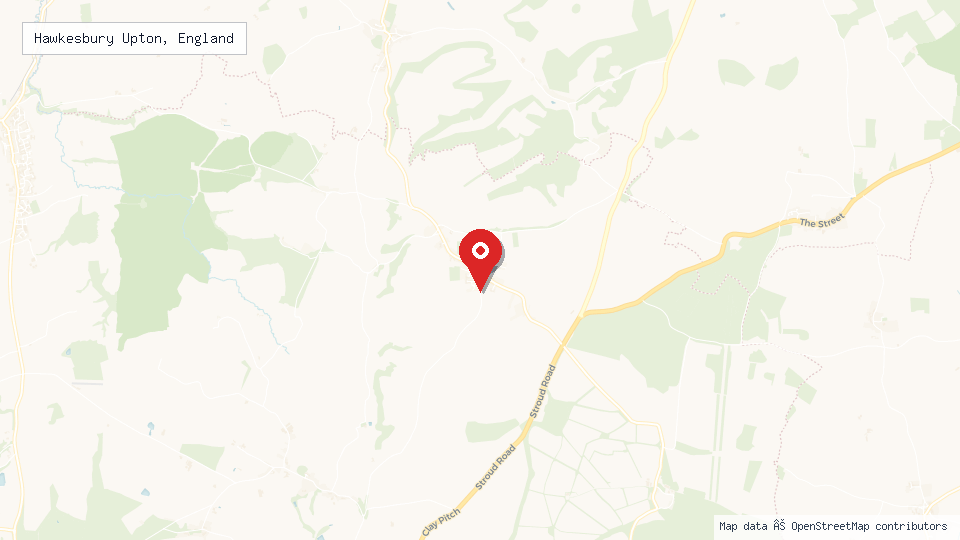 Street map of Hawkesbury Upton, England with location pin