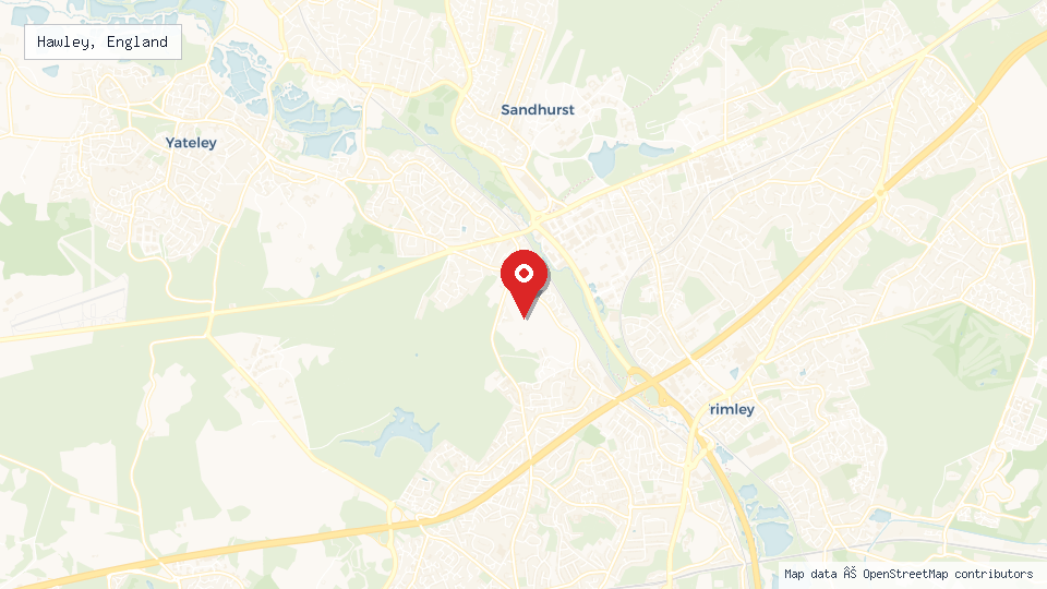 Street map of Hawley, England with location pin
