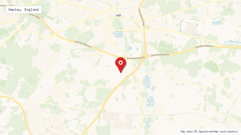 Street map of Hawley, England with location pin