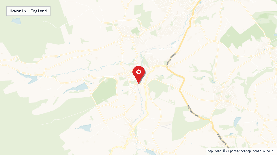 Street map of Haworth, England with location pin