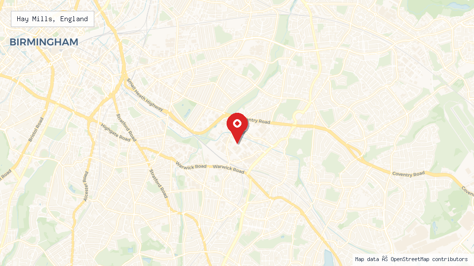 Street map of Hay Mills, England with location pin