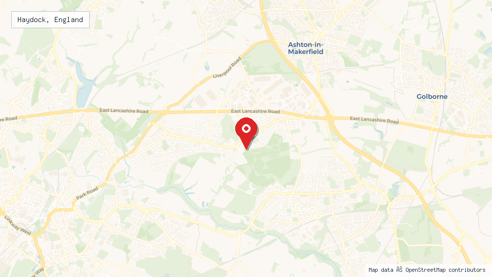 Street map of Haydock, England with location pin