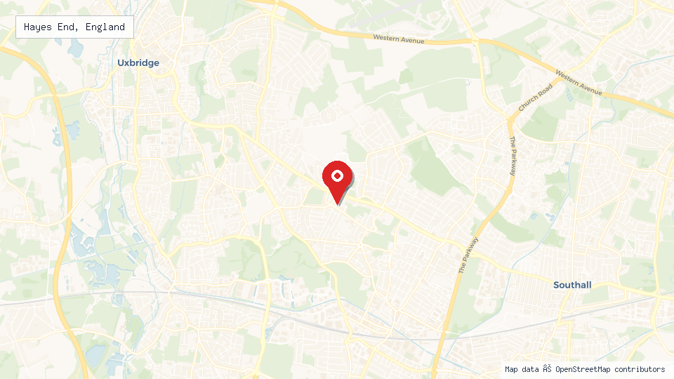 Street map of Hayes End, England with location pin