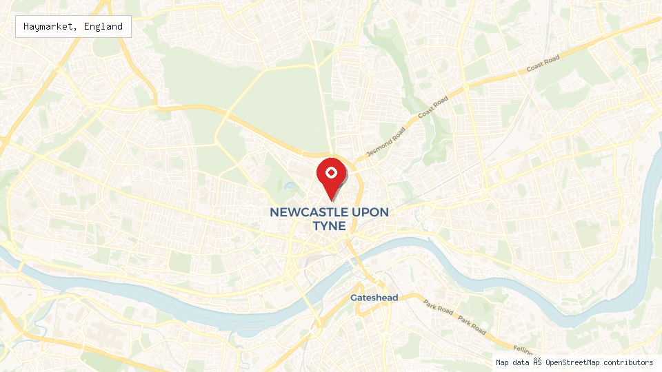 Street map of Haymarket, England with location pin