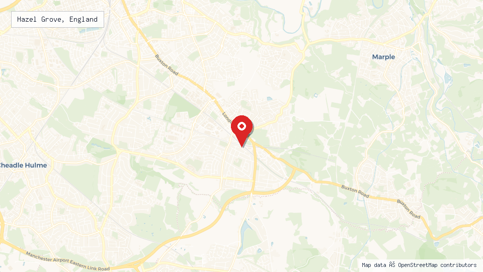 Street map of Hazel Grove, England with location pin