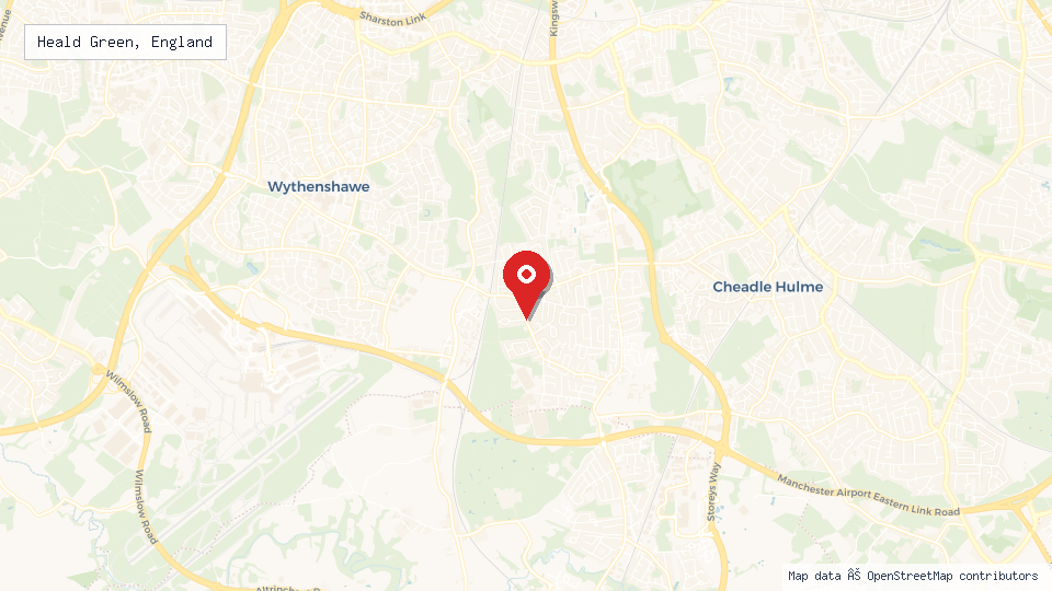 Street map of Heald Green, England with location pin