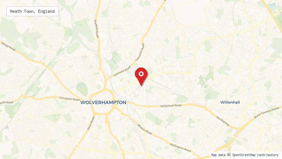 Street map of Heath Town, England with location pin