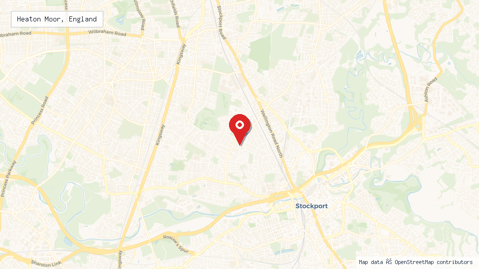 Street map of Heaton Moor, England with location pin