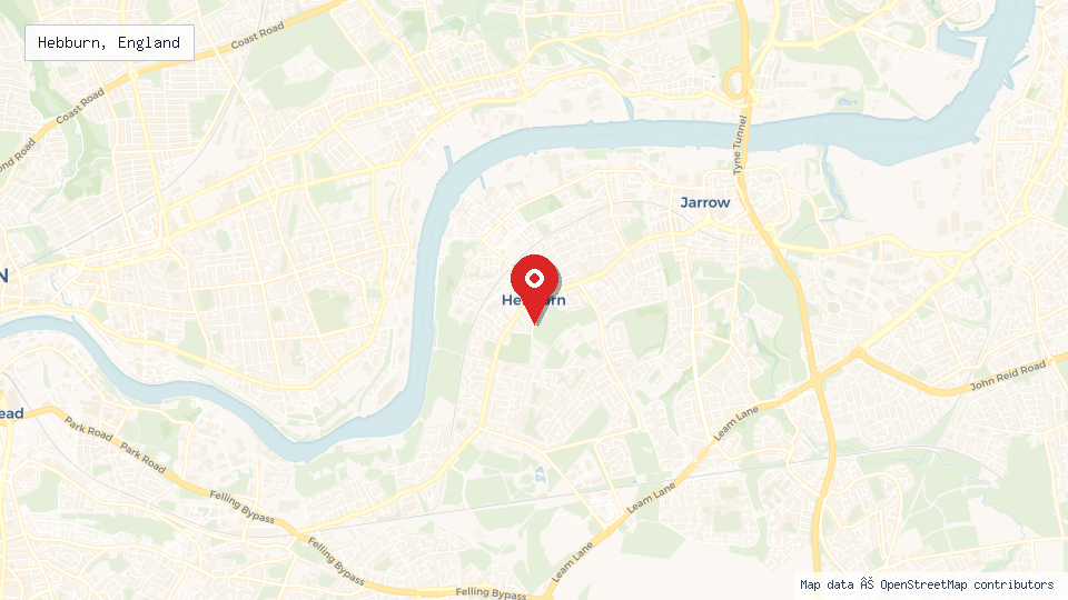 Street map of Hebburn, England with location pin