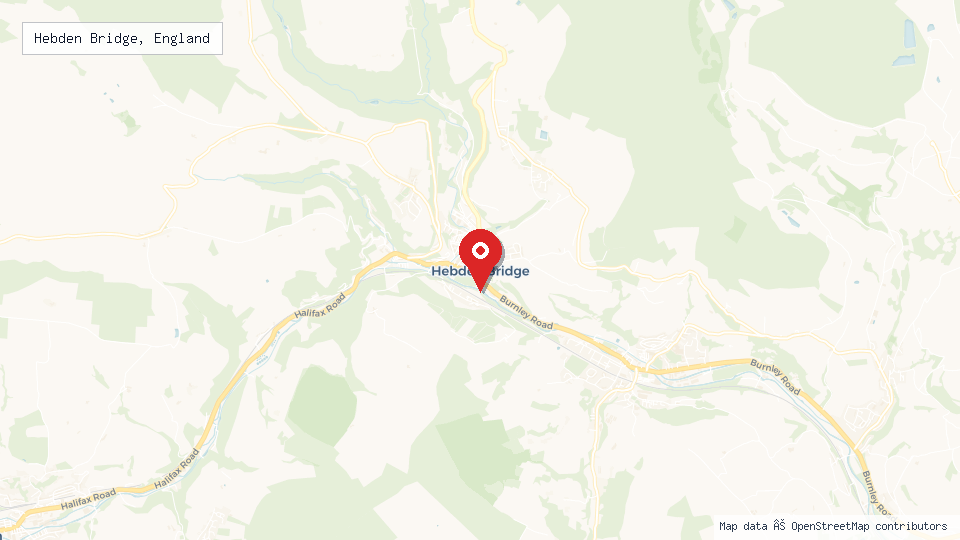 Street map of Hebden Bridge, England with location pin