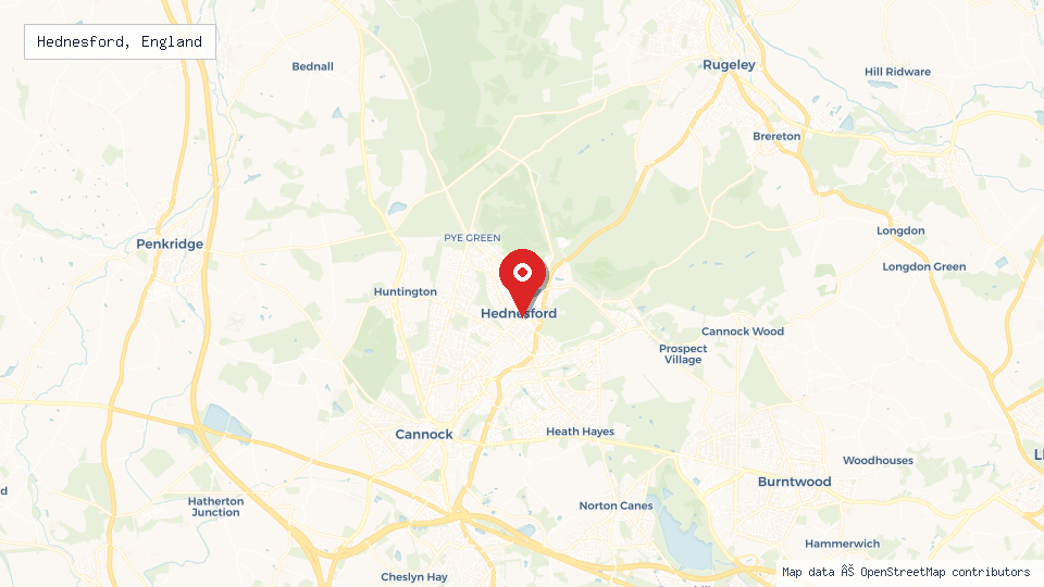 Street map of Hednesford, England with location pin
