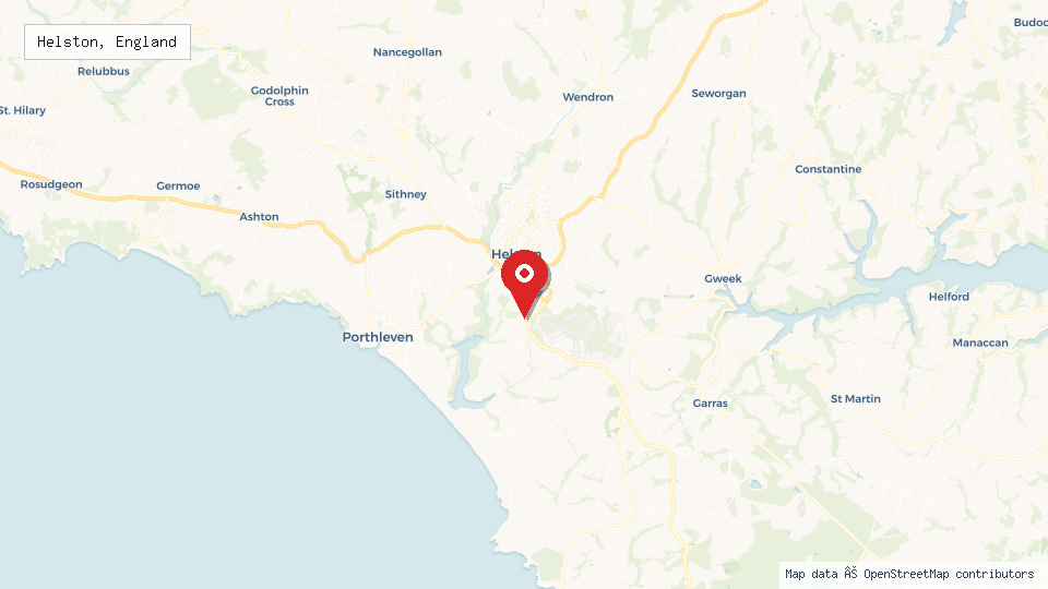Street map of Helston, England with location pin
