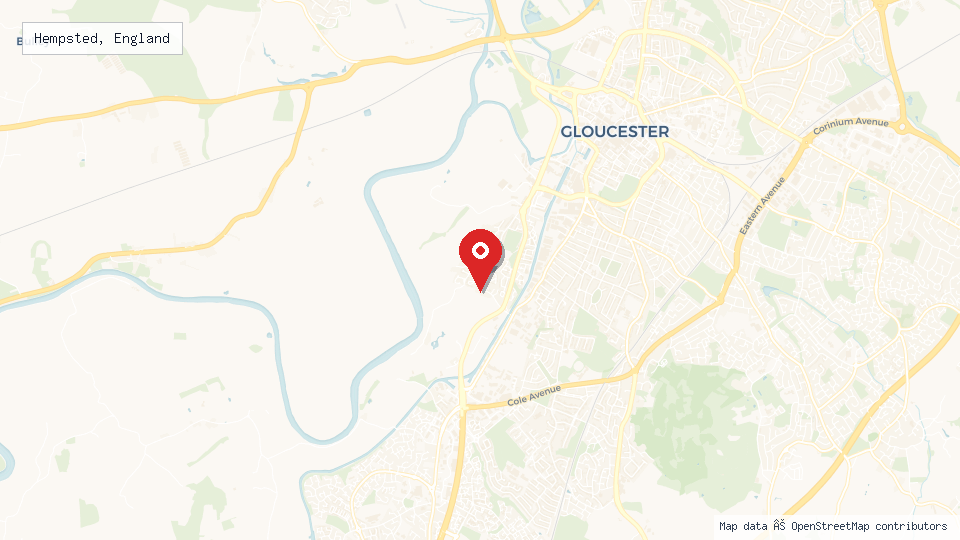 Street map of Hempsted, England with location pin