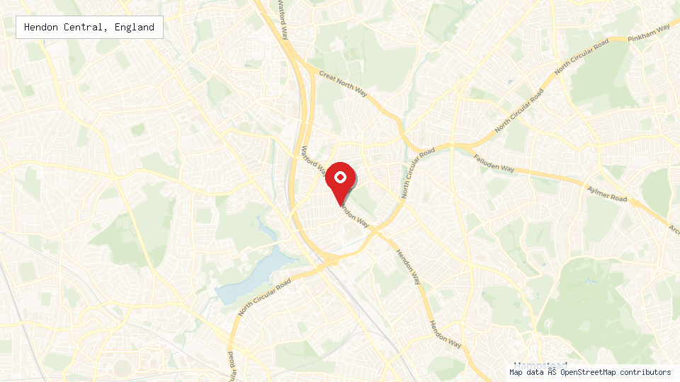 Street map of Hendon Central, England with location pin