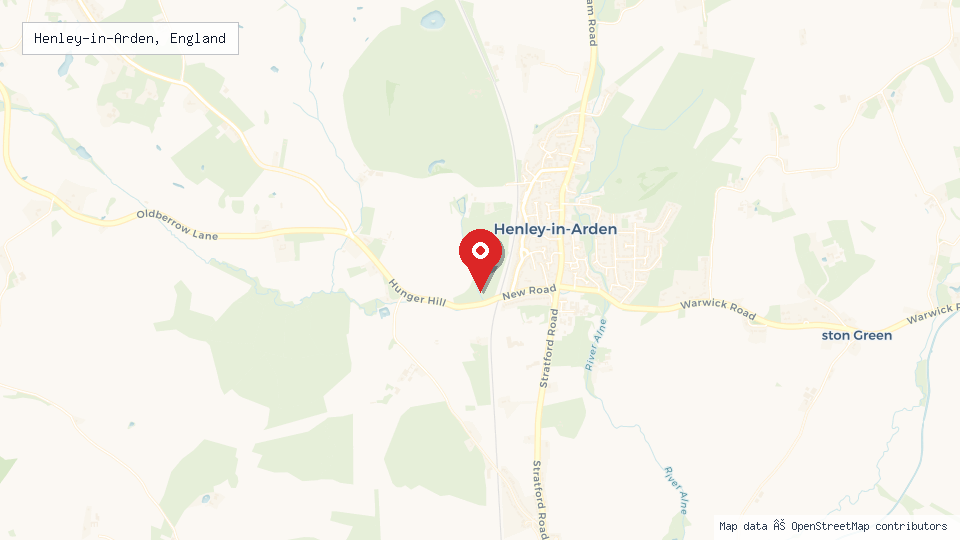 Street map of Henley-in-Arden, England with location pin
