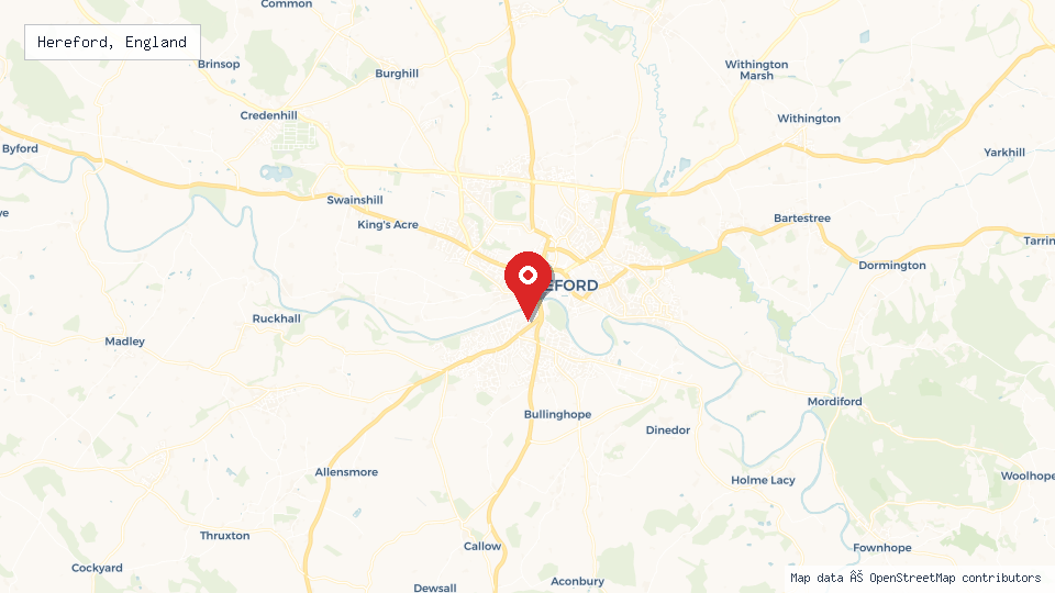 Street map of Hereford, England with location pin
