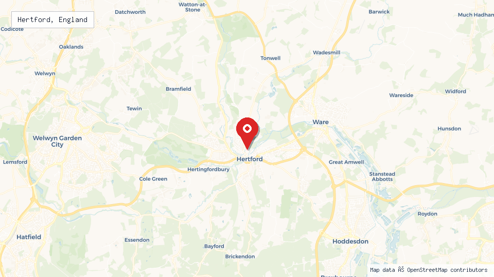 Street map of Hertford, England with location pin