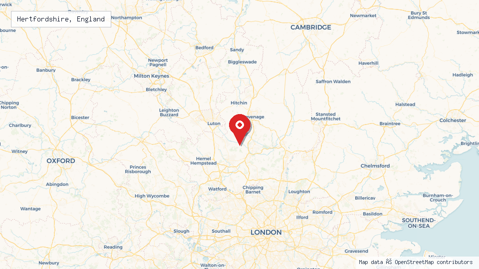 Street map of Hertfordshire, England with location pin