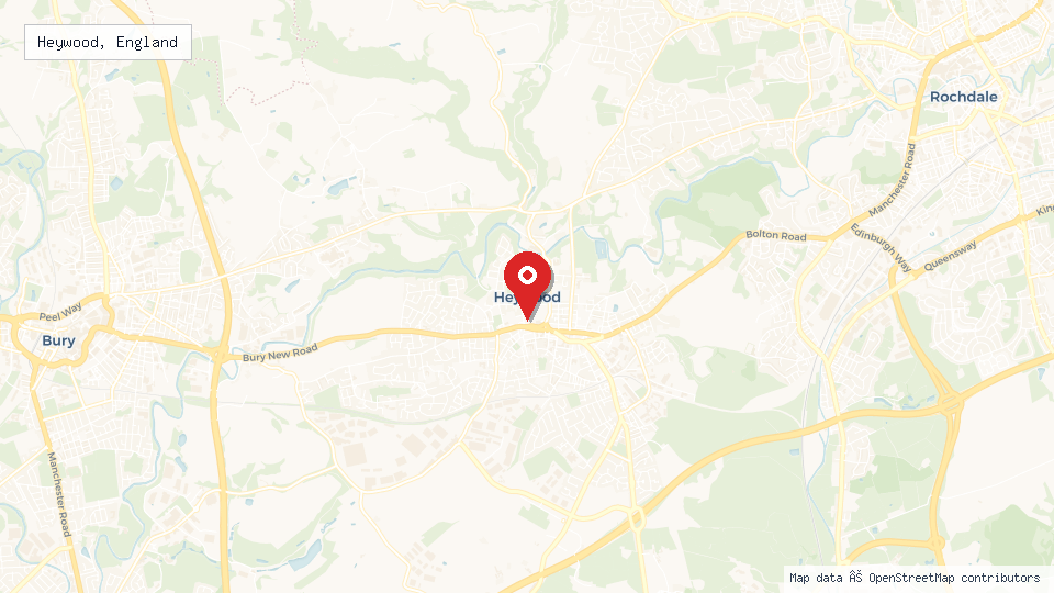 Street map of Heywood, England with location pin