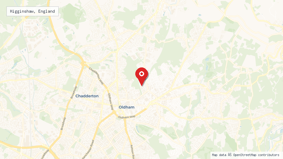 Street map of Higginshaw, England with location pin