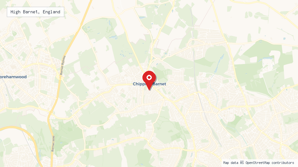 Street map of High Barnet, England with location pin