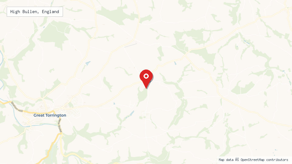 Street map of High Bullen, England with location pin