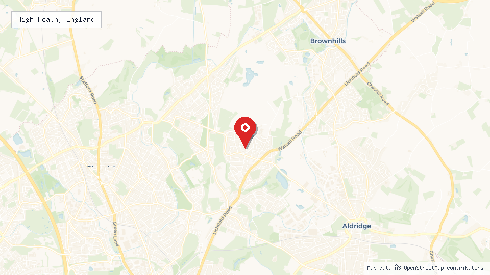 Street map of High Heath, England with location pin