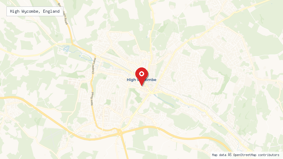 Street map of High Wycombe, England with location pin
