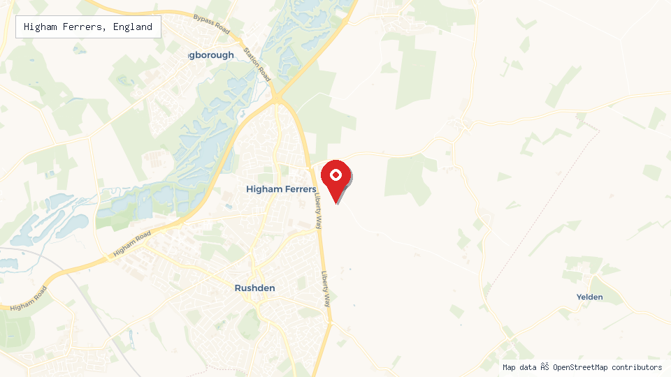Street map of Higham Ferrers, England with location pin