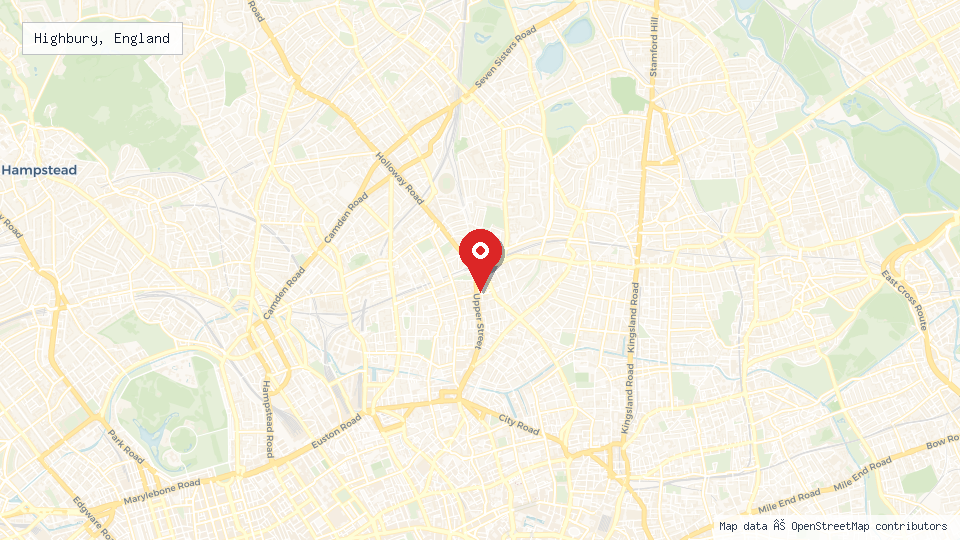 Street map of Highbury, England with location pin