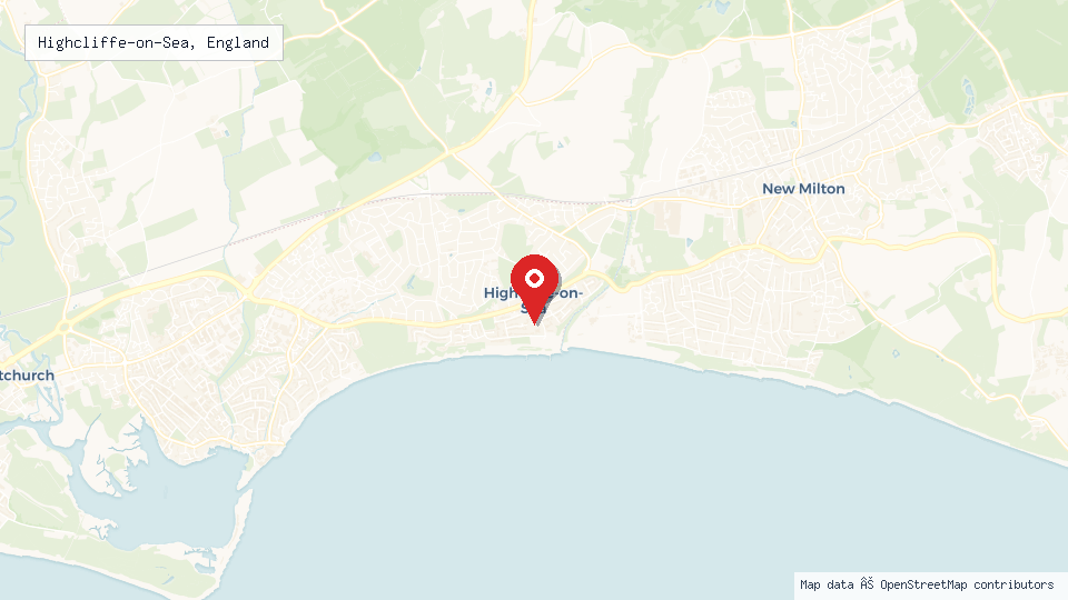 Street map of Highcliffe-on-Sea, England with location pin