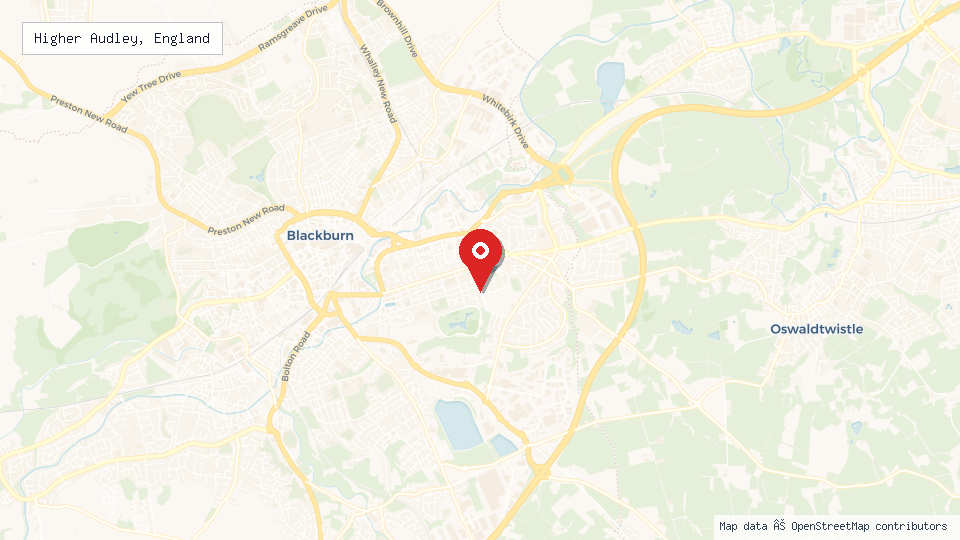 Street map of Higher Audley, England with location pin