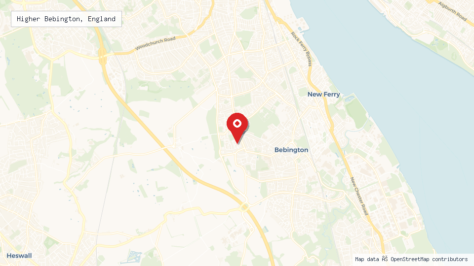 Street map of Higher Bebington, England with location pin