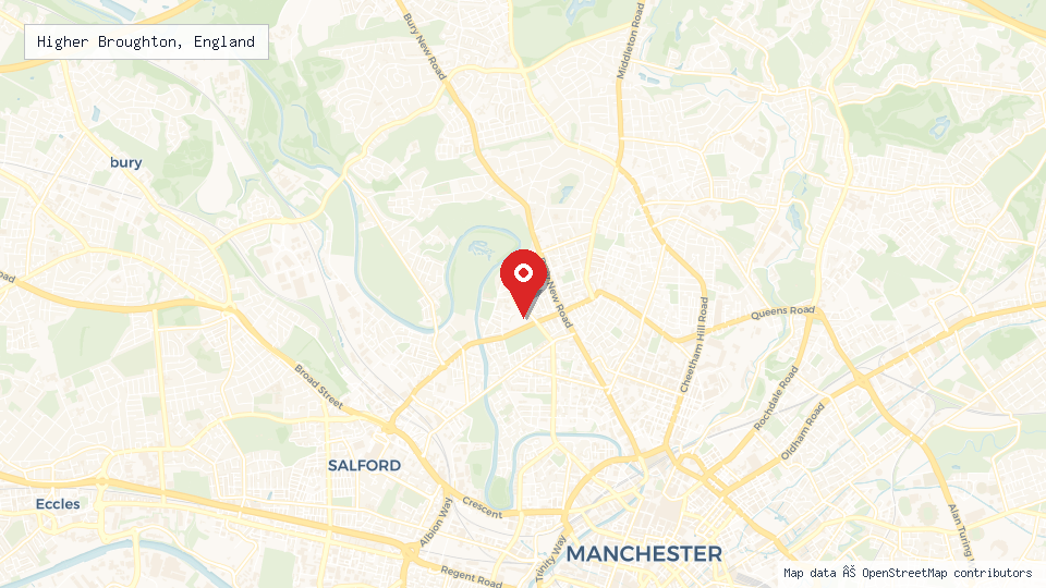 Street map of Higher Broughton, England with location pin