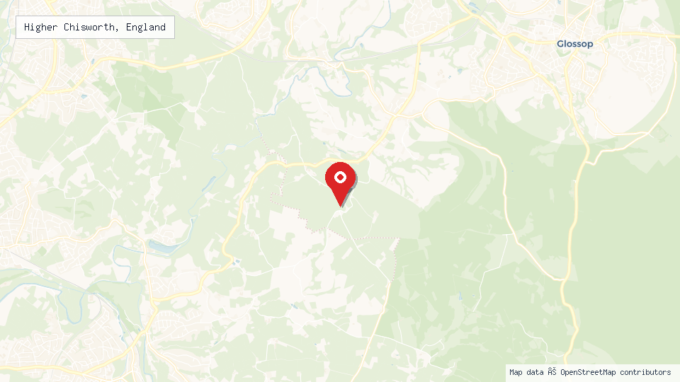 Street map of Higher Chisworth, England with location pin