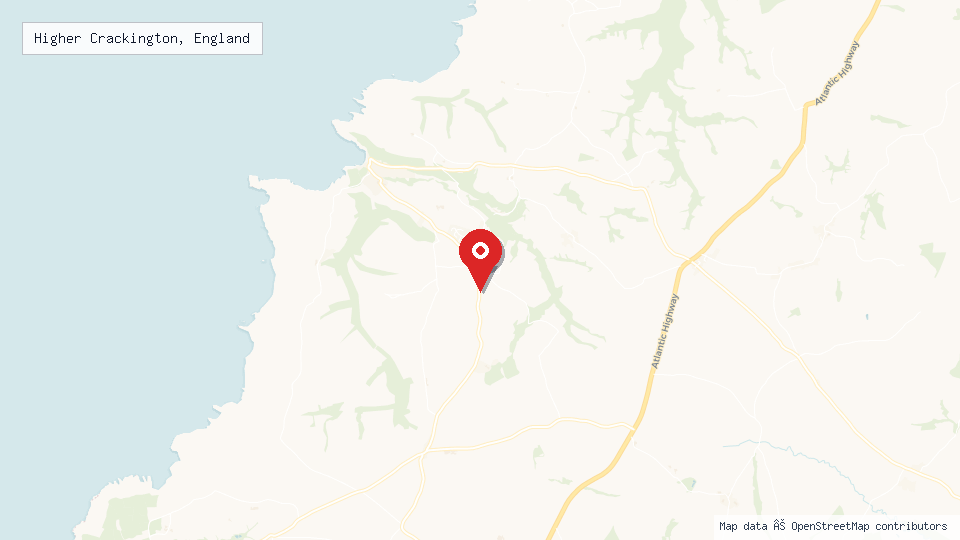 Street map of Higher Crackington, England with location pin