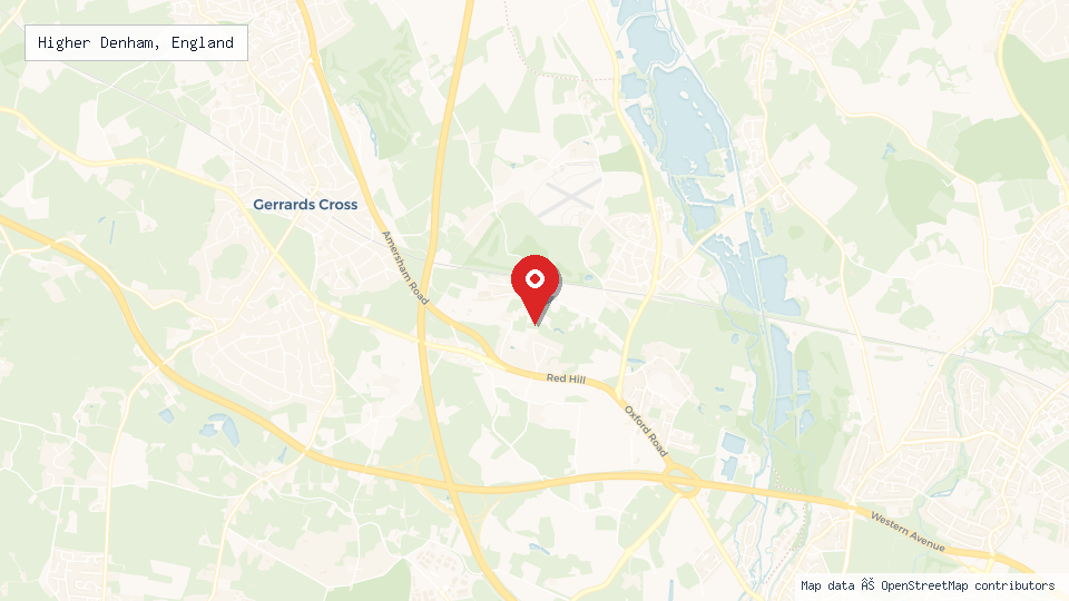 Street map of Higher Denham, England with location pin