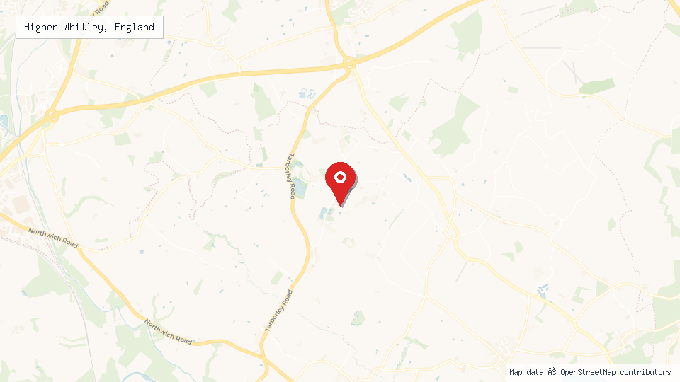 Street map of Higher Whitley, England with location pin