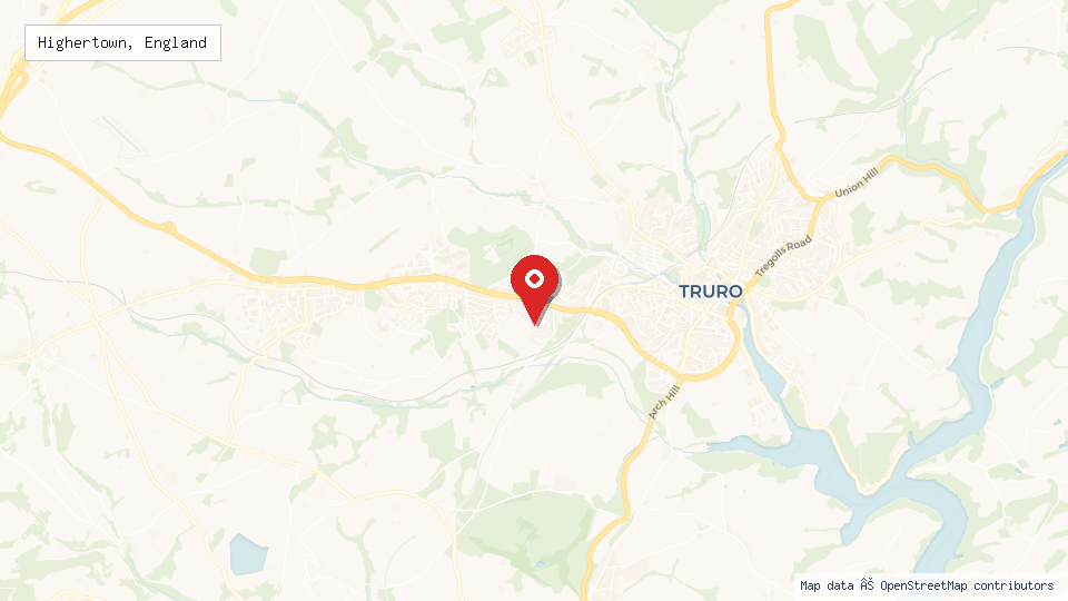 Street map of Highertown, England with location pin