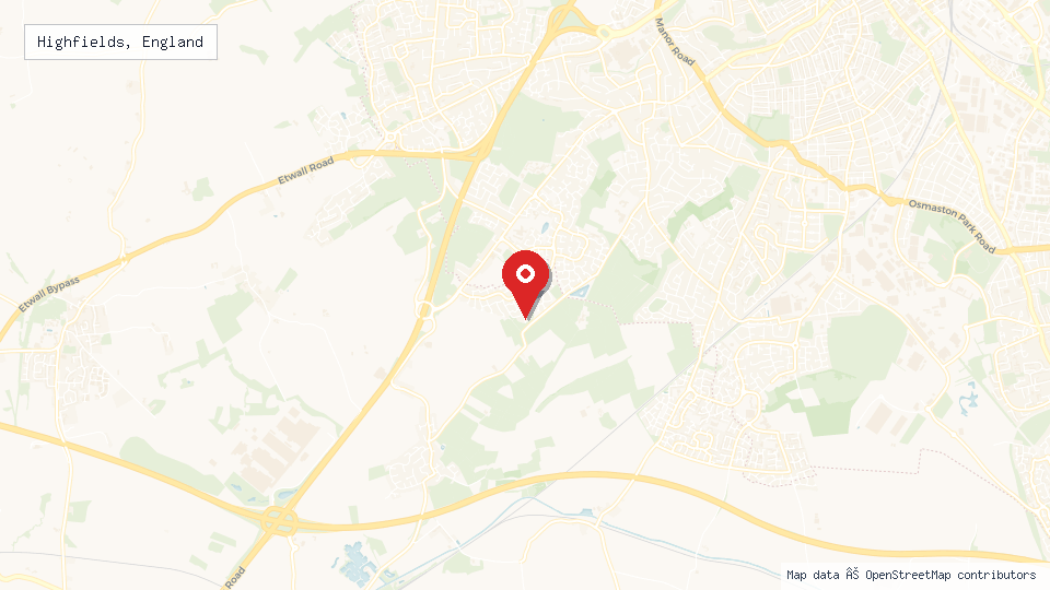 Street map of Highfields, England with location pin