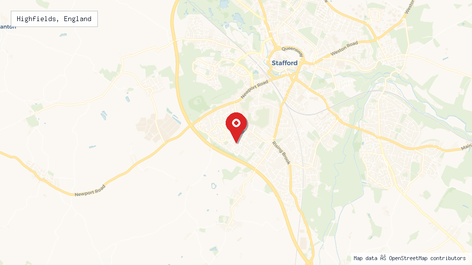 Street map of Highfields, England with location pin