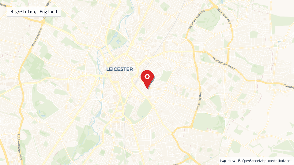 Street map of Highfields, England with location pin