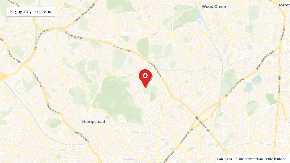 Street map of Highgate, England with location pin