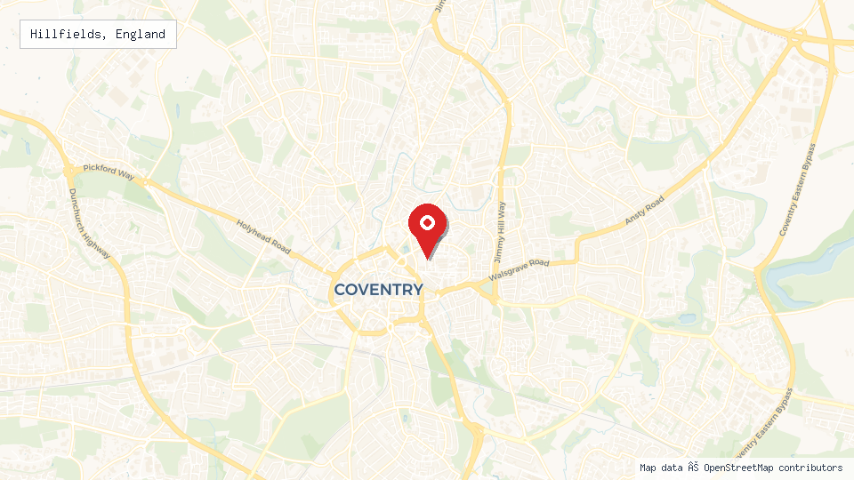Street map of Hillfields, England with location pin