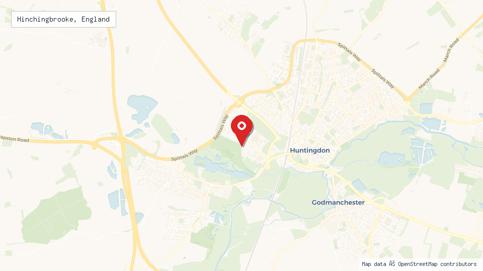 Street map of Hinchingbrooke, England with location pin