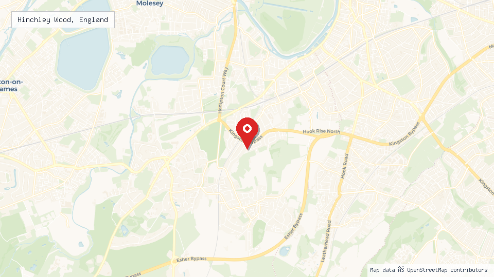 Street map of Hinchley Wood, England with location pin