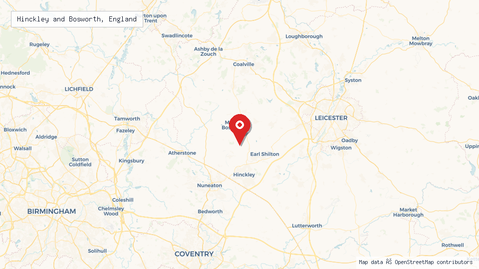 Street map of Hinckley and Bosworth, England with location pin