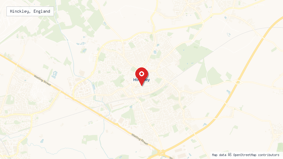 Street map of Hinckley, England with location pin