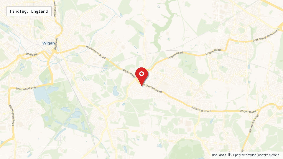 Street map of Hindley, England with location pin
